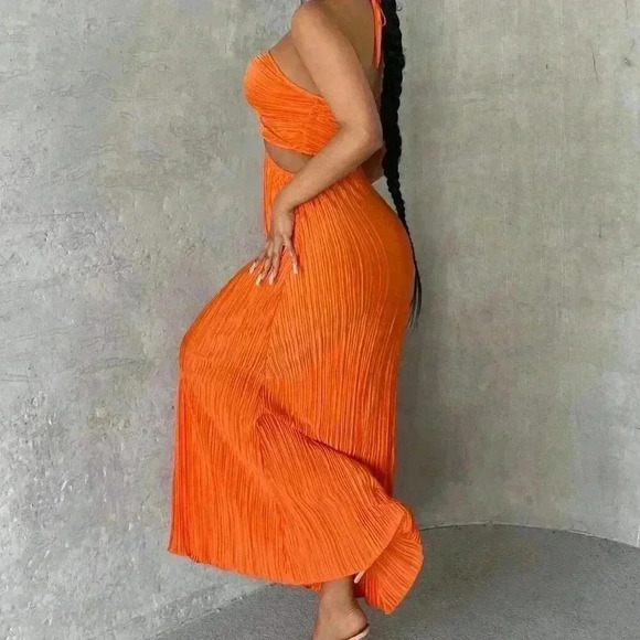 Orange Sexy Women's Crisscross Tie Backless Halter Swing Dress - Picture 5 of 7